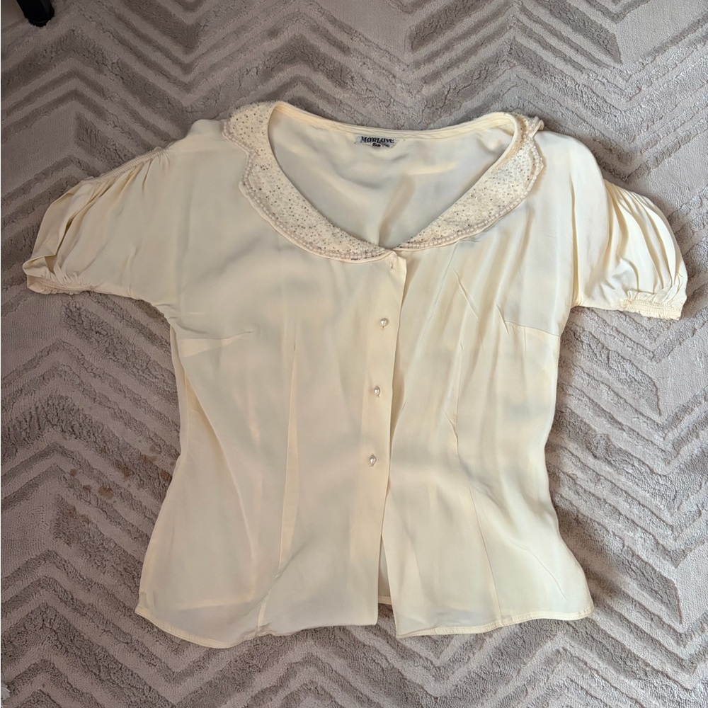 MorLove on the Couture Blvd Cream Beaded Collar Blouse Size S
